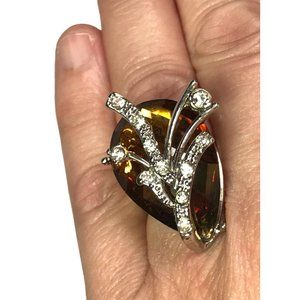 Silver Tone Cocktail Ring Huge Amber Pear Rhinestone Floral Spray Overlay Sz Adj